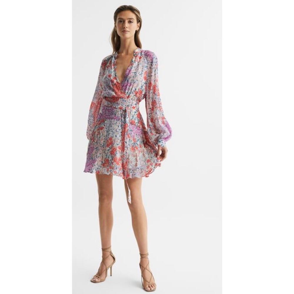 Reiss Kiera Floral Printed Mini Dress Coral, White New Size 4